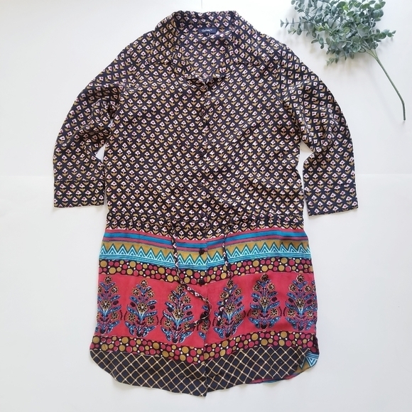 TOLANI Anthopologie Silk Bohemain Button Down Shirt Dress Tunic W Drawstring. - Picture 5 of 16